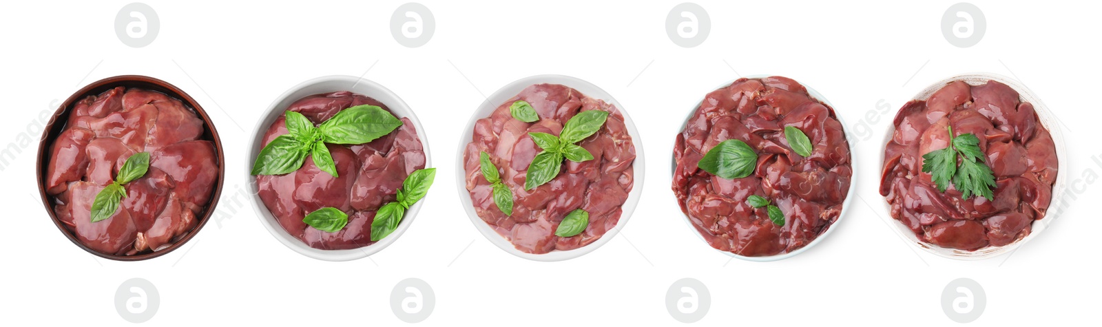 Image of Fresh chicken liver in bowls isolated on white, collection. Top view