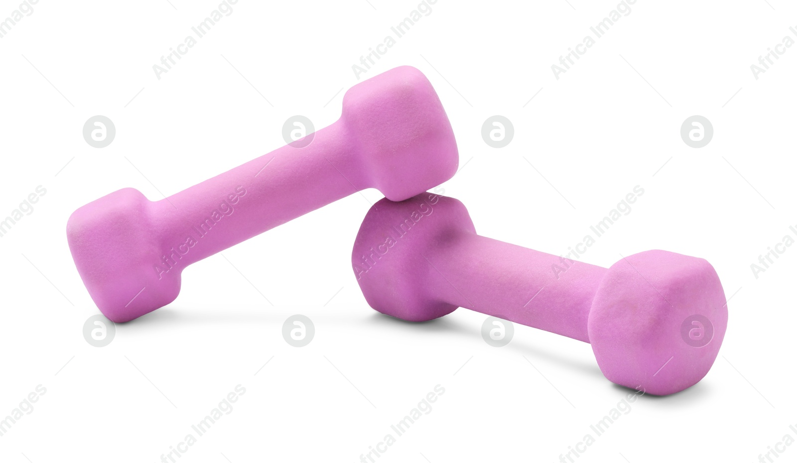 Photo of Violet dumbbells isolated on white. Sports equipment