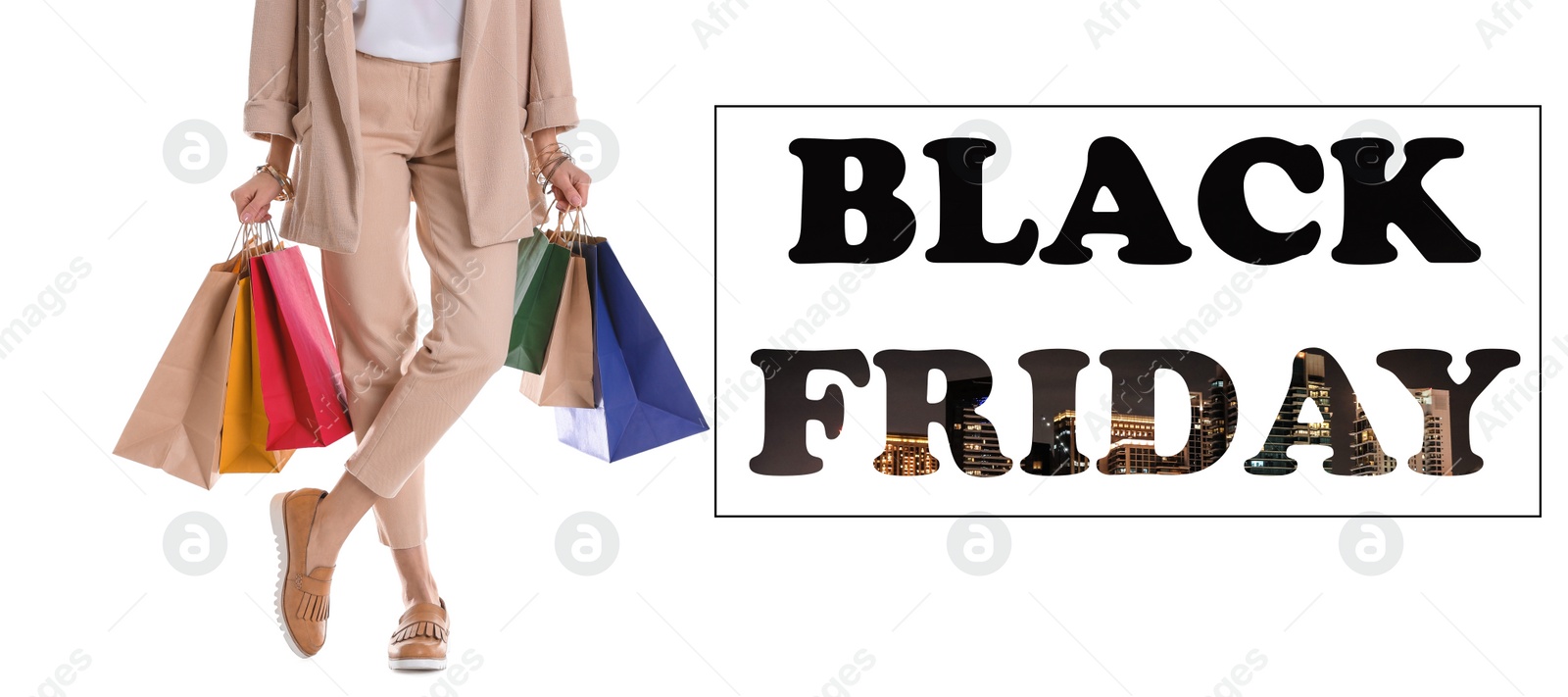 Image of Woman with shopping bags and text BLACK FRIDAY on white background, closeup. Banner design