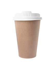 Paper cup with plastic lid isolated on white. Coffee to go