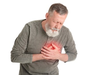 Image of Mature man having heart attack on white background