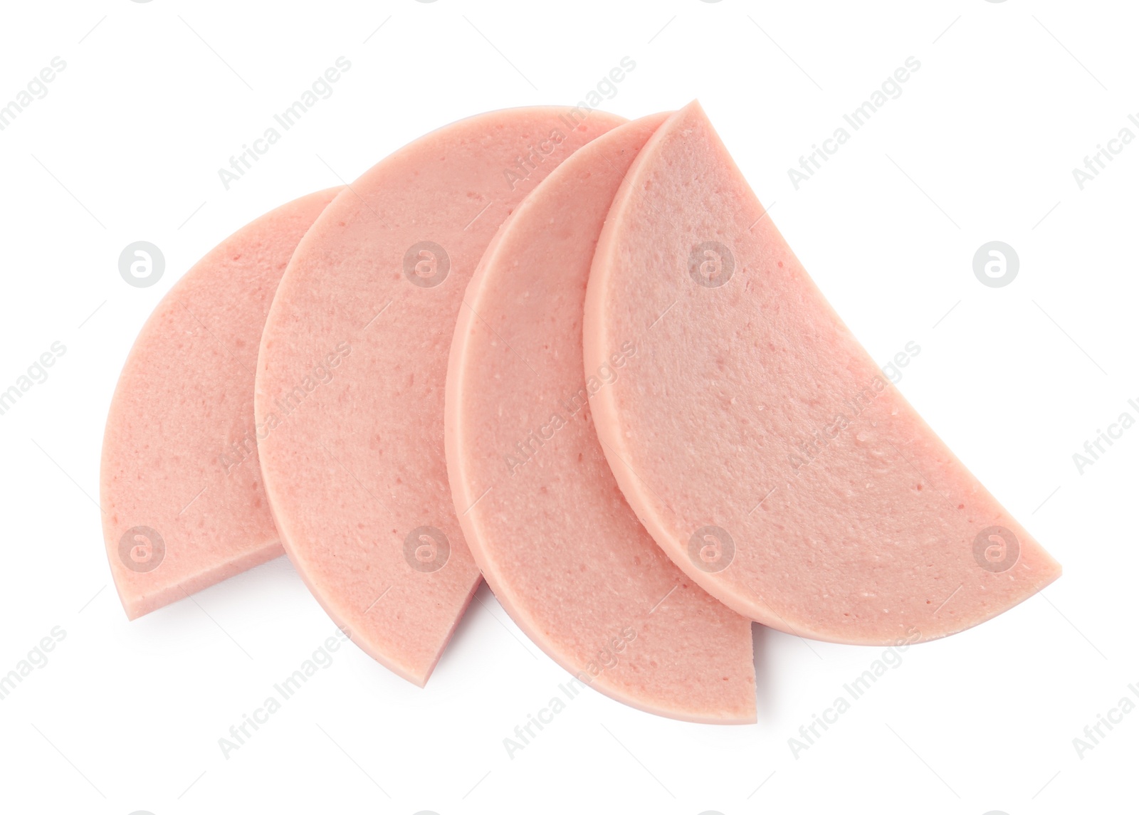 Photo of Slices of tasty boiled sausage on white background, top view