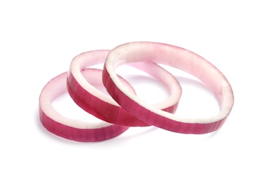 Photo of Fresh slices of red onion on white background