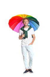 Man with rainbow umbrella on white background