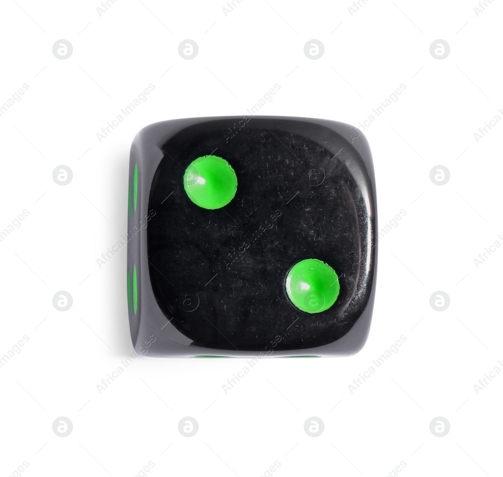 Photo of One black game dice isolated on white, top view