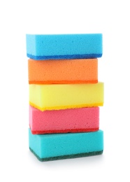 Photo of Stack of cleaning sponges for dish washing on white background