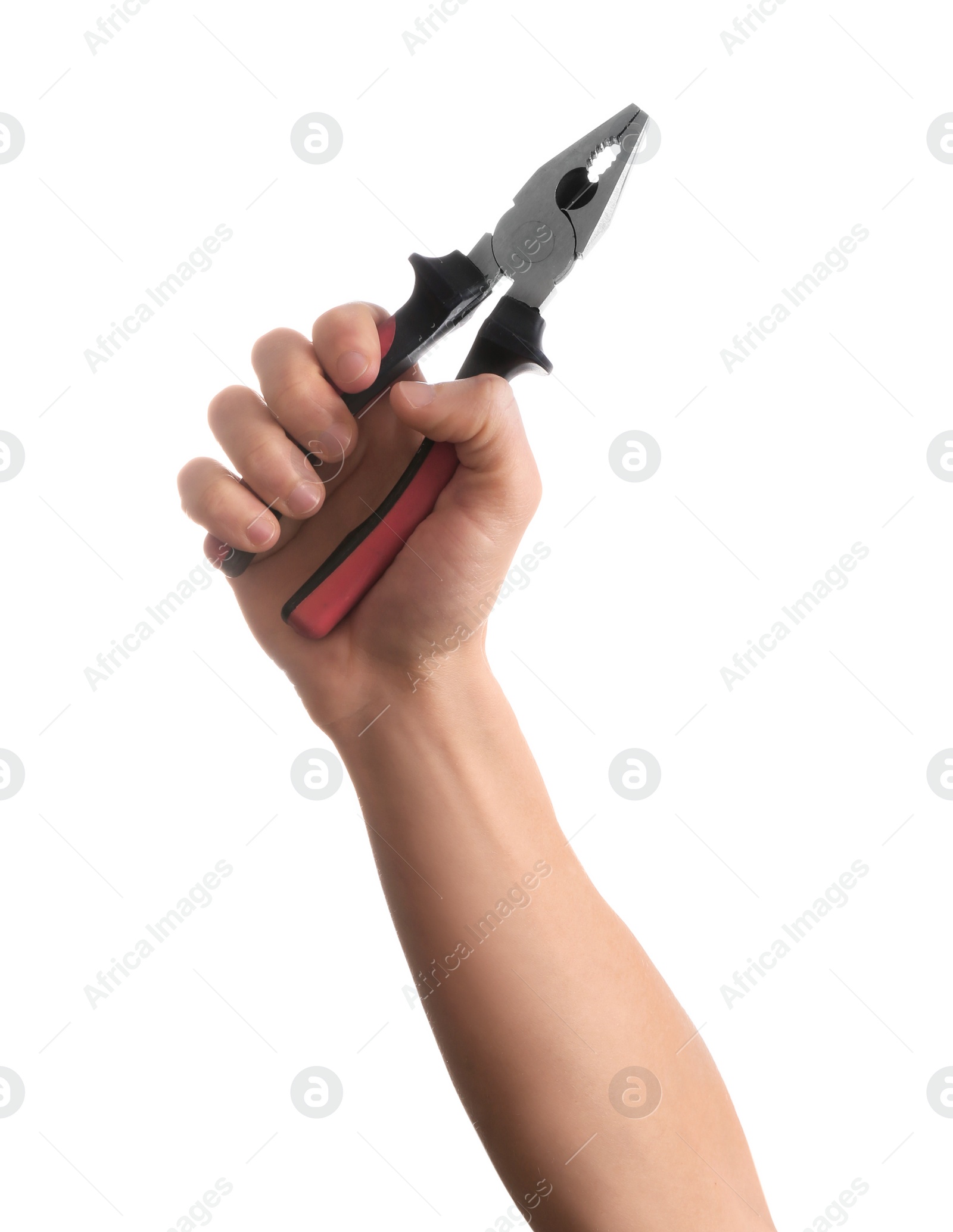 Photo of Man holding pliers isolated on white. Construction tools