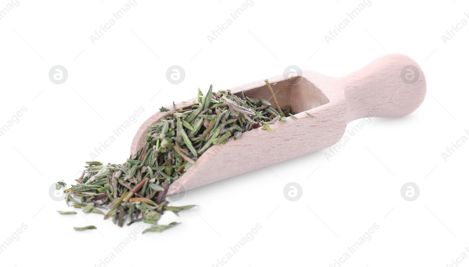 Photo of Scoop of dried thyme isolated on white