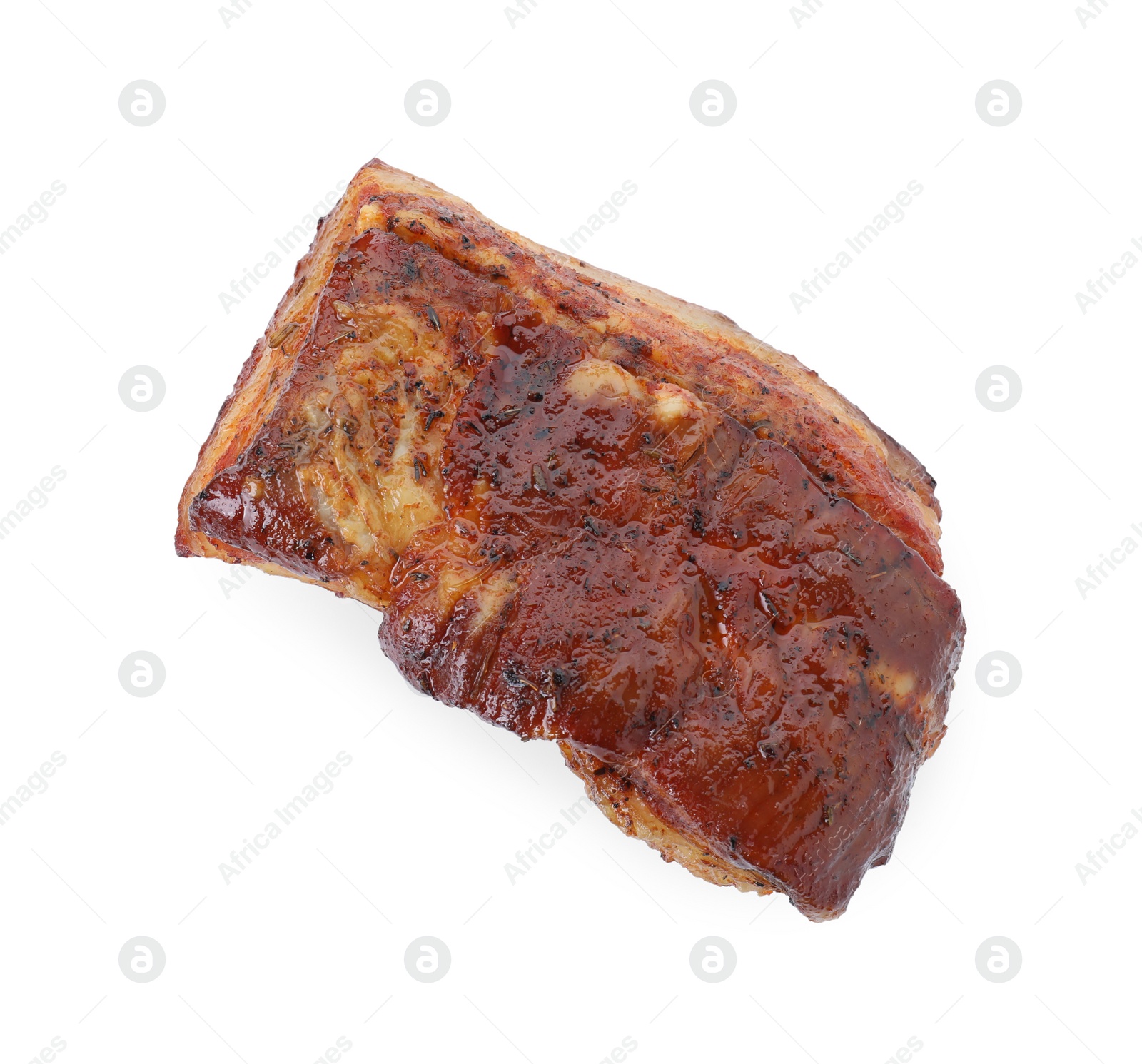 Photo of Piece of tasty baked pork belly isolated on white