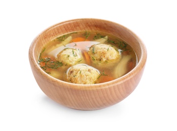 Photo of Bowl of Jewish matzoh balls soup isolated on white