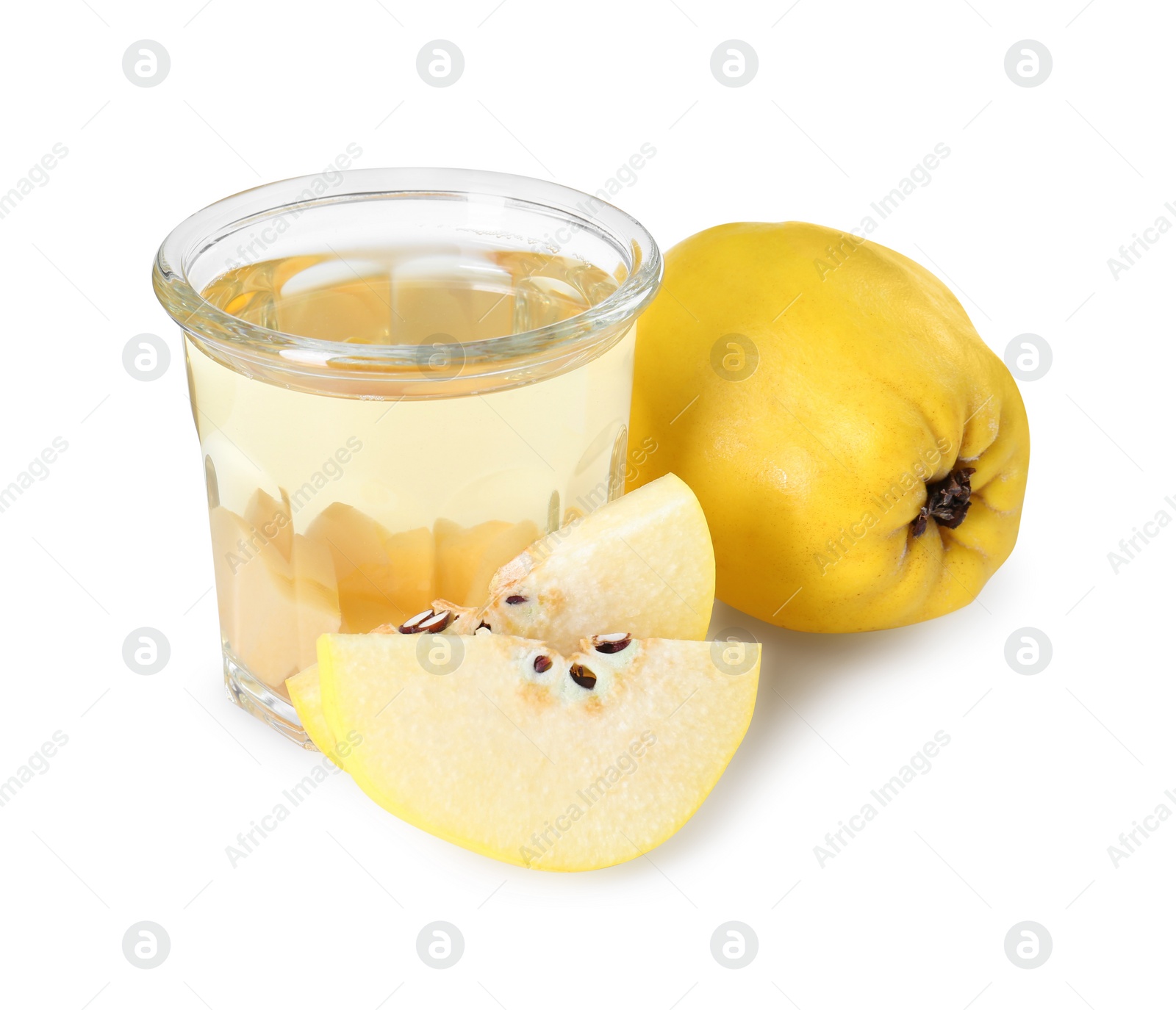 Photo of Delicious quince drink in glass and fresh fruits isolated on white