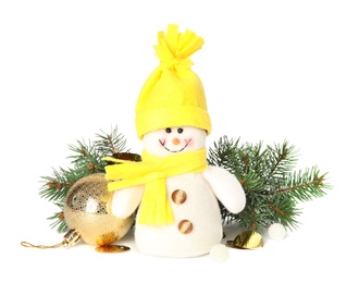 Cute snowman toy, fir tree and golden Christmas ball on white background
