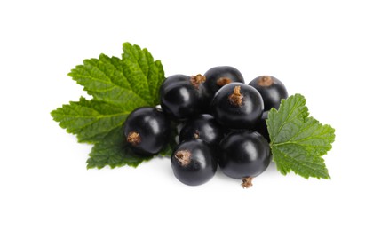 Photo of Ripe blackcurrants and leaves isolated on white