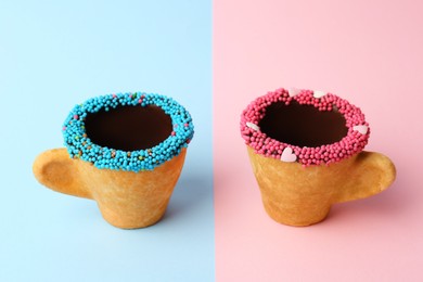 Delicious edible biscuit coffee cups decorated with sprinkles on color background