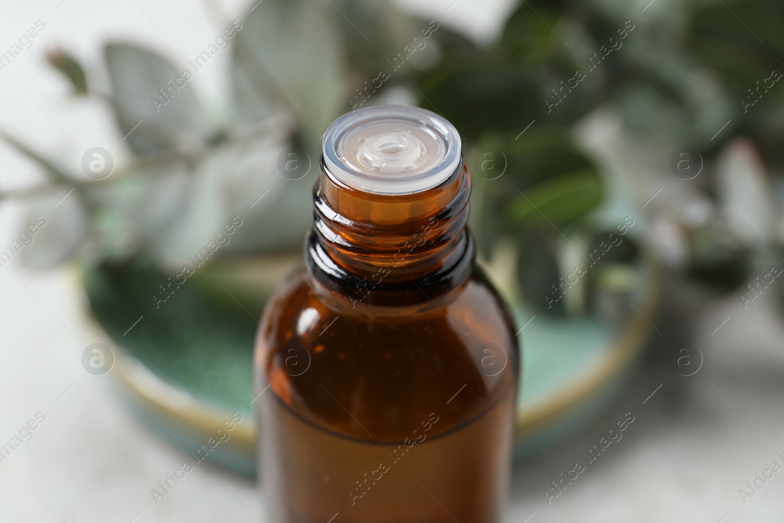 Photo of Bottle of eucalyptus essential oil against blurred background, closeup