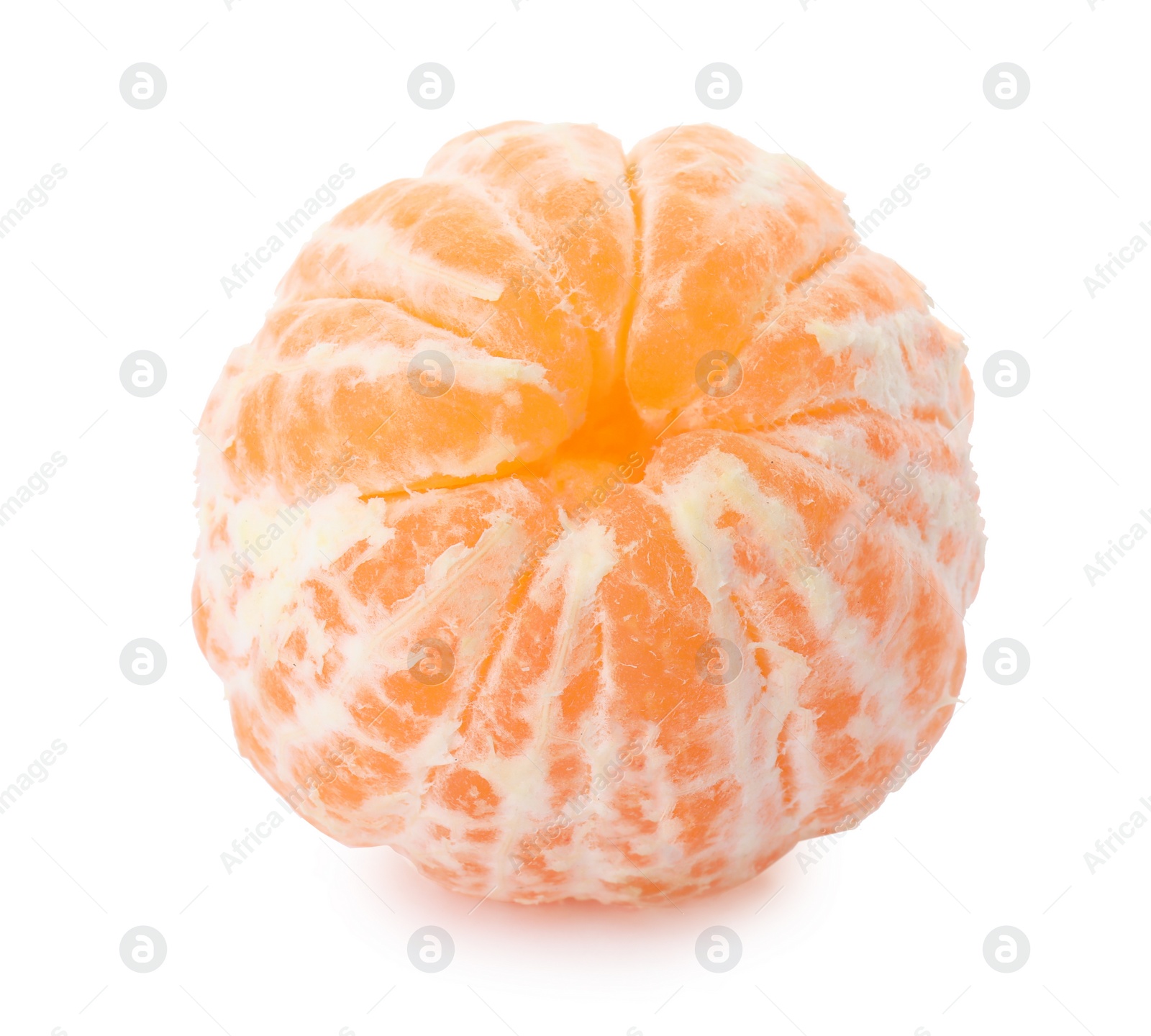 Photo of Peeled fresh ripe tangerine on white background