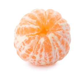 Photo of Peeled fresh ripe tangerine on white background