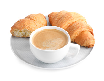 Photo of Fresh croissants and coffee on white background