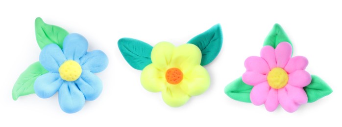 Image of Different flowers with leaves made from playdough on white background, collage. Banner design
