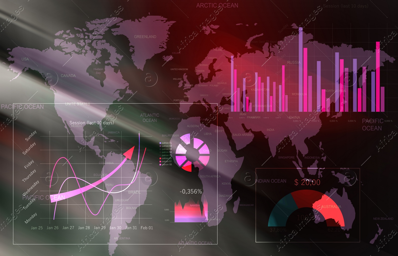 Illustration of Finance trading concept. Digital charts with statistic information and world map