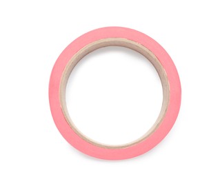 Roll of pink adhesive tape on white background, top view