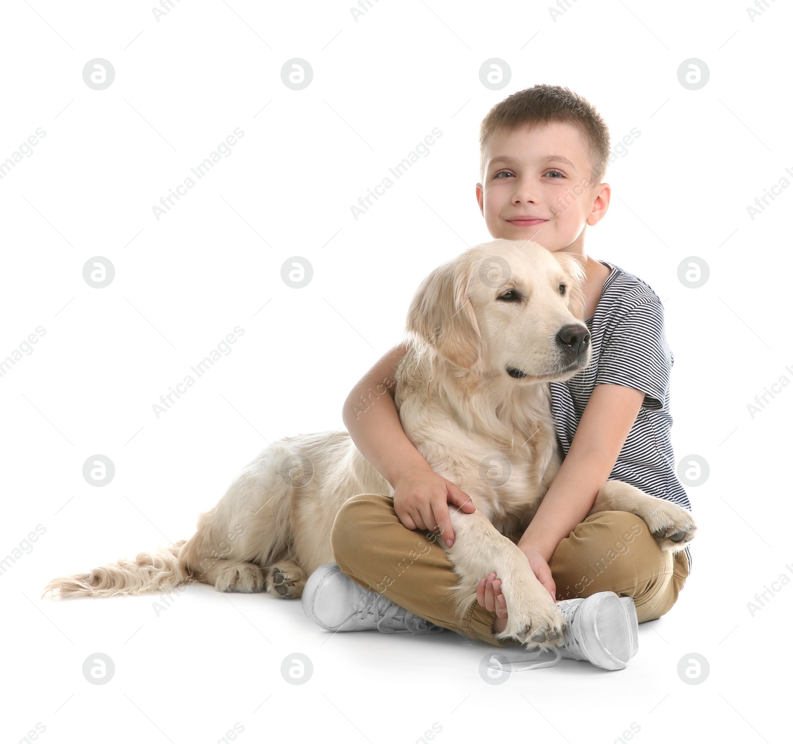 Photo of Cute little child with his pet on white background