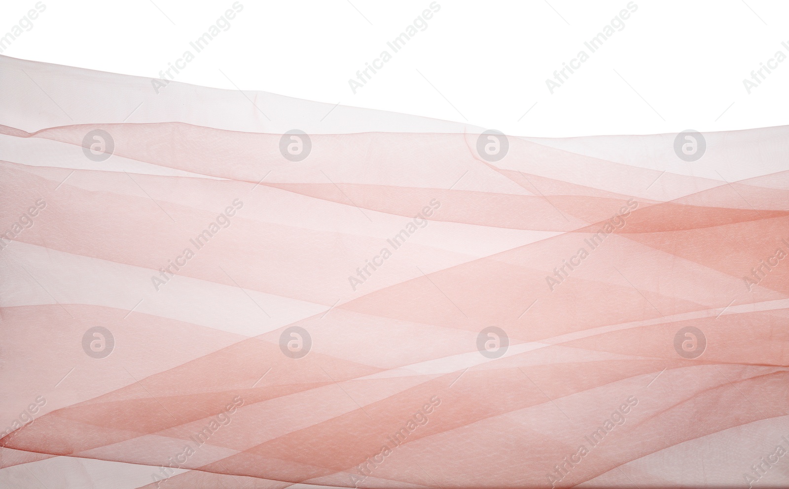 Photo of Beautiful beige tulle fabric on white background, top view