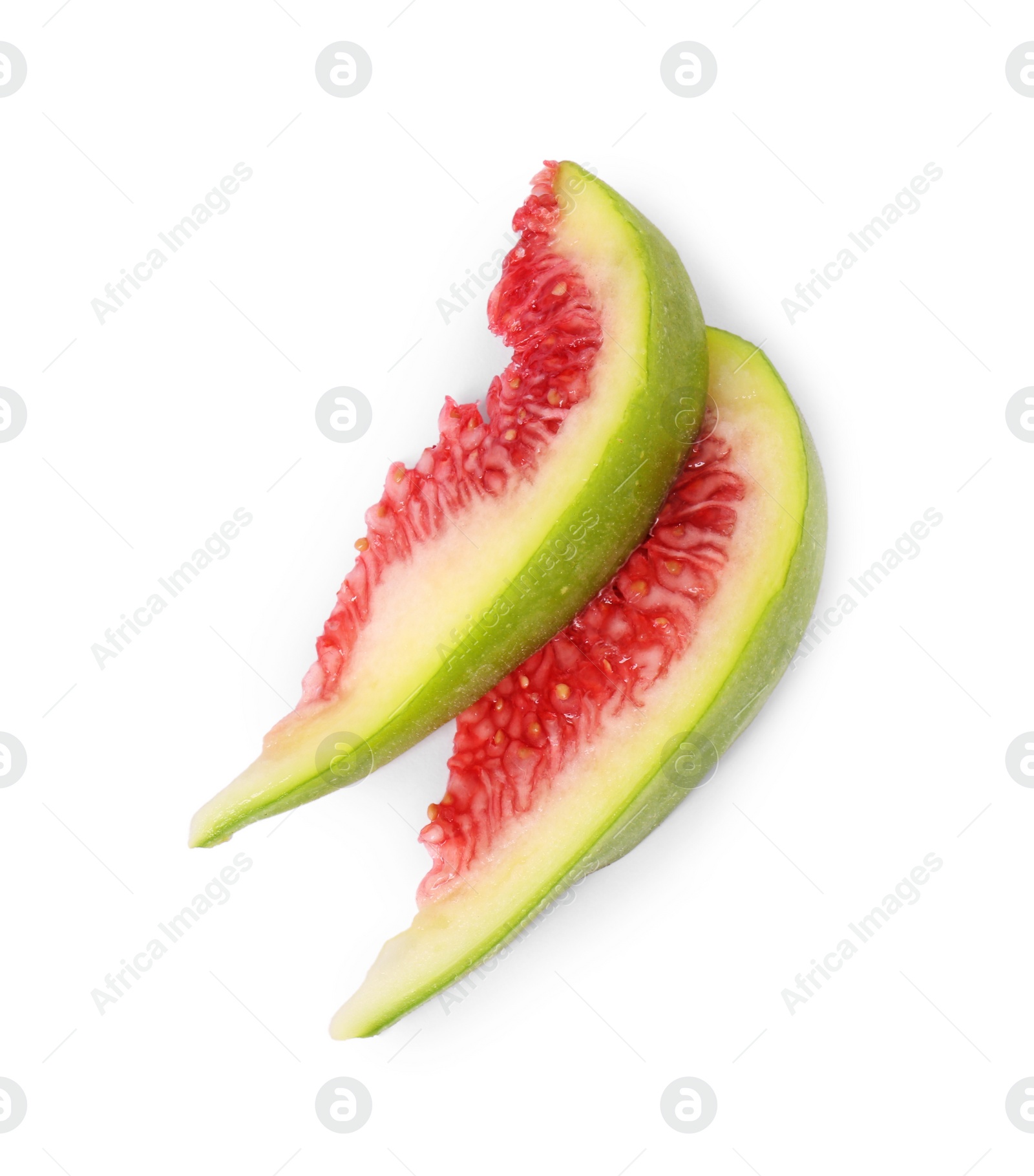 Photo of Slices of fresh green fig isolated on white, top view