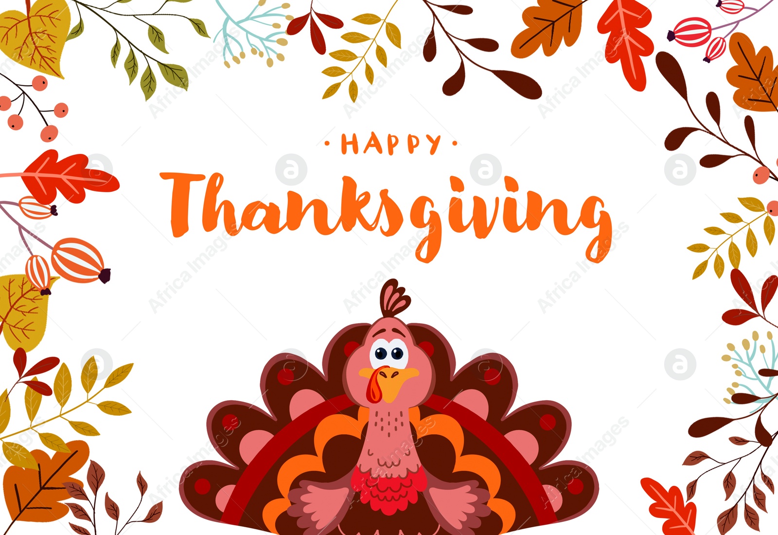 Illustration of Thanksgiving day card design. Text and turkey in frame of autumn leaves on white background, illustration