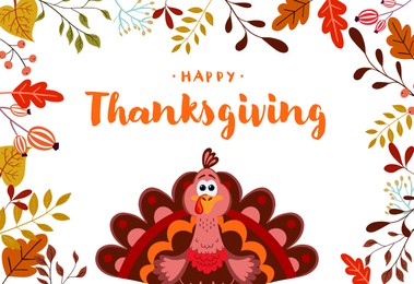 Illustration of Thanksgiving day card design. Text and turkey in frame of autumn leaves on white background, illustration