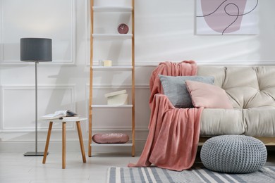 Modern living room interior with comfortable sofa and pink blanket