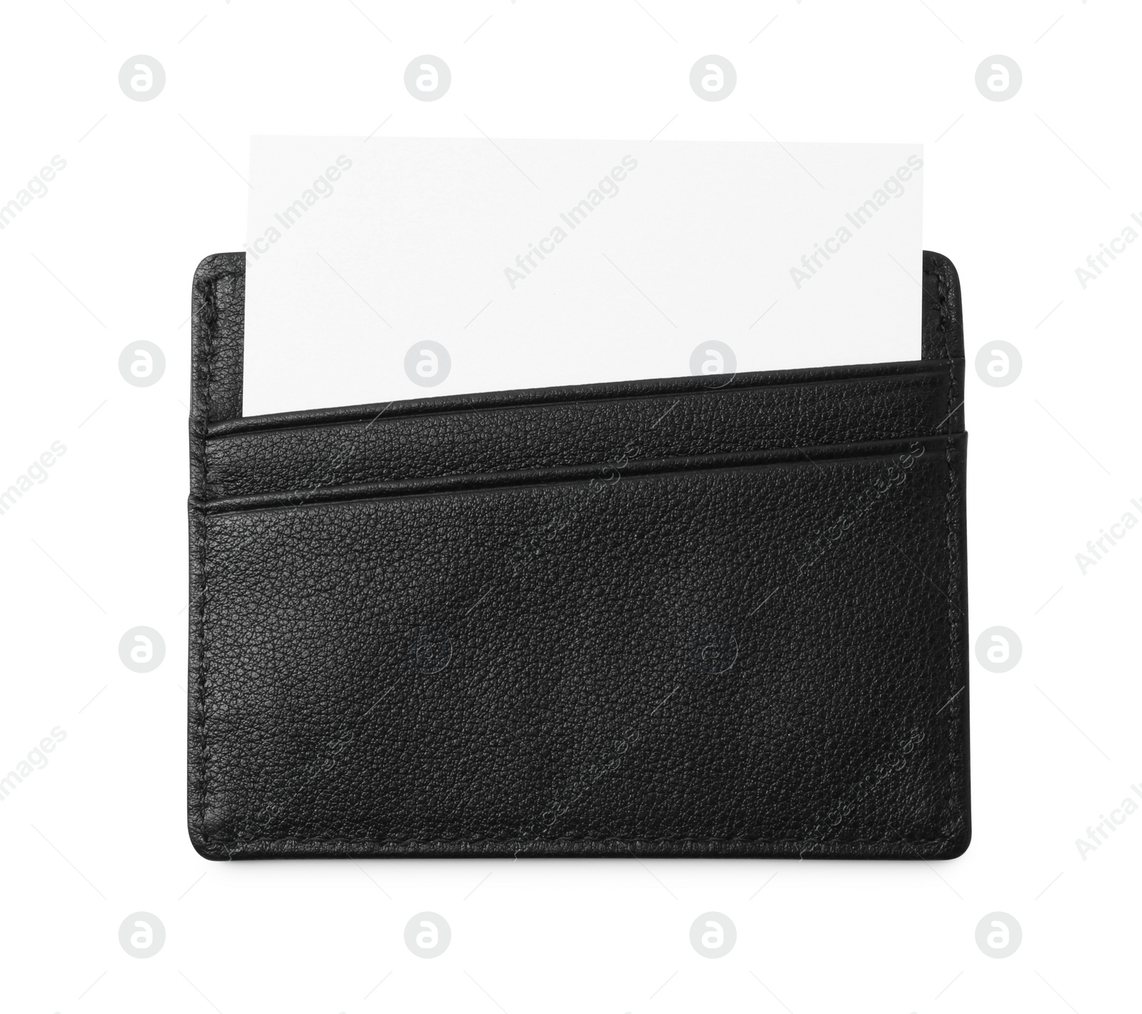 Photo of Leather business card holder with blank card isolated on white, top view