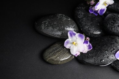 Photo of Stones and flowers in water on dark background. Zen lifestyle