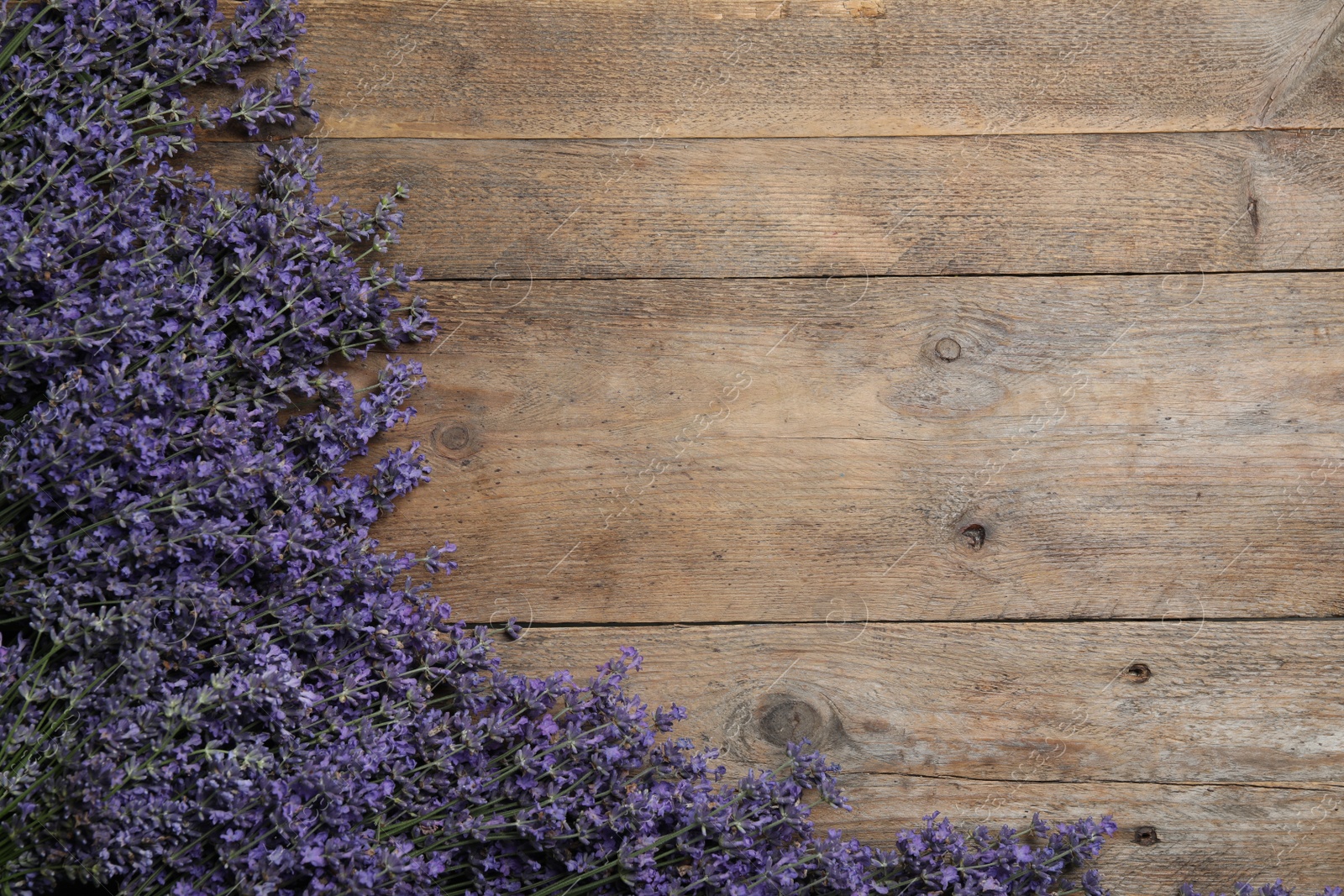 Photo of Beautiful lavender flowers on wooden background, flat lay. Space for text