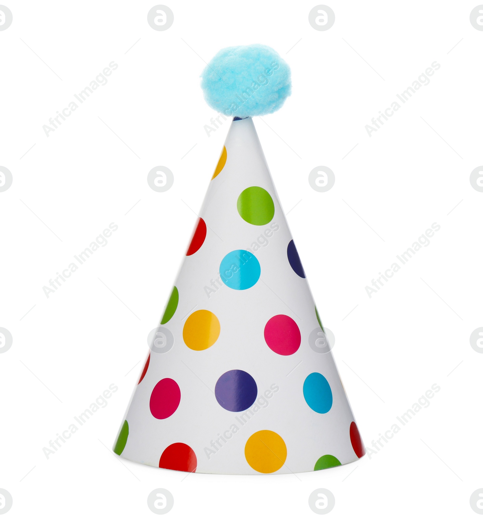 Photo of Bright party hat with fluffy pompon isolated on white. Festive accessory