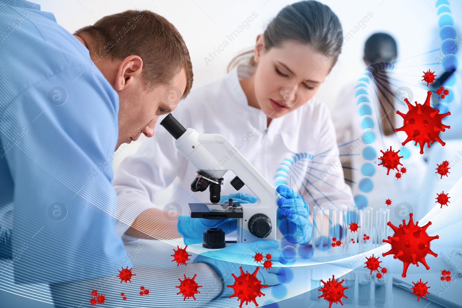 Image of Scientists using modern microscope at table in laboratory. Researching of virus