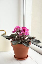 Photo of Beautiful potted violet flowers on white wooden window sill. Delicate house plant