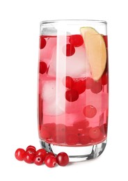 Photo of Tasty cranberry cocktail with ice cubes and lime in glass isolated on white
