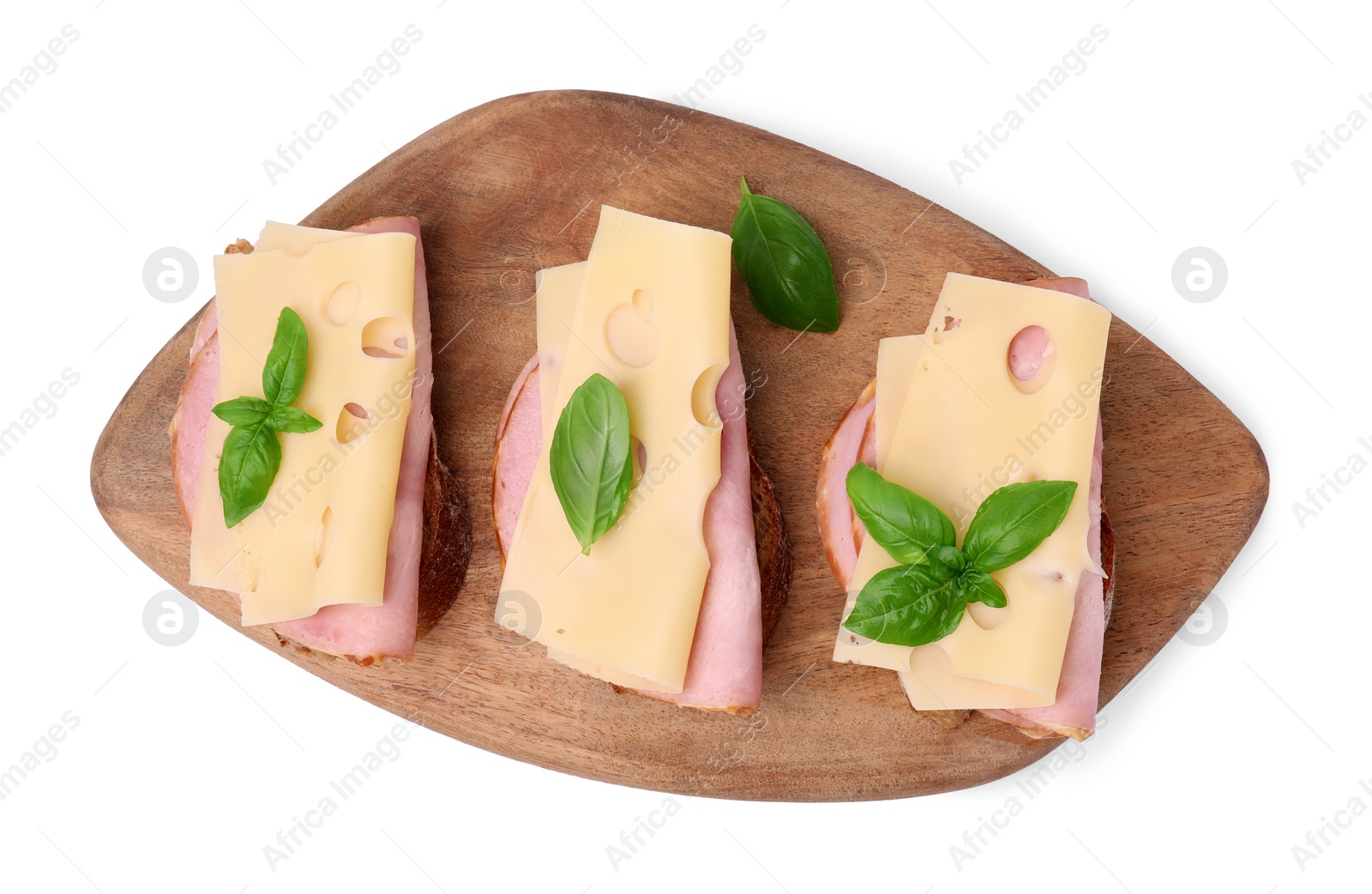 Photo of Delicious sandwiches with ham and cheese isolated on white, top view