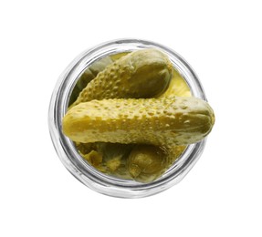 Jar of tasty pickled cucumbers isolated on white, top view