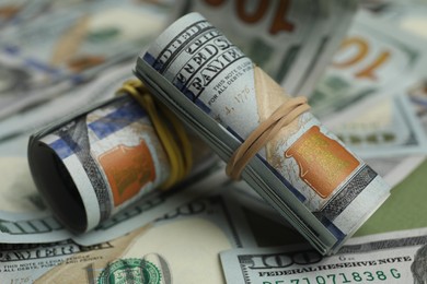 Money exchange. Dollar banknotes on table, closeup