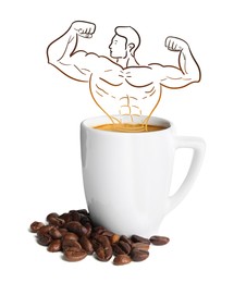 Image of Strong coffee. Cup with illustration of bodybuilder on white background