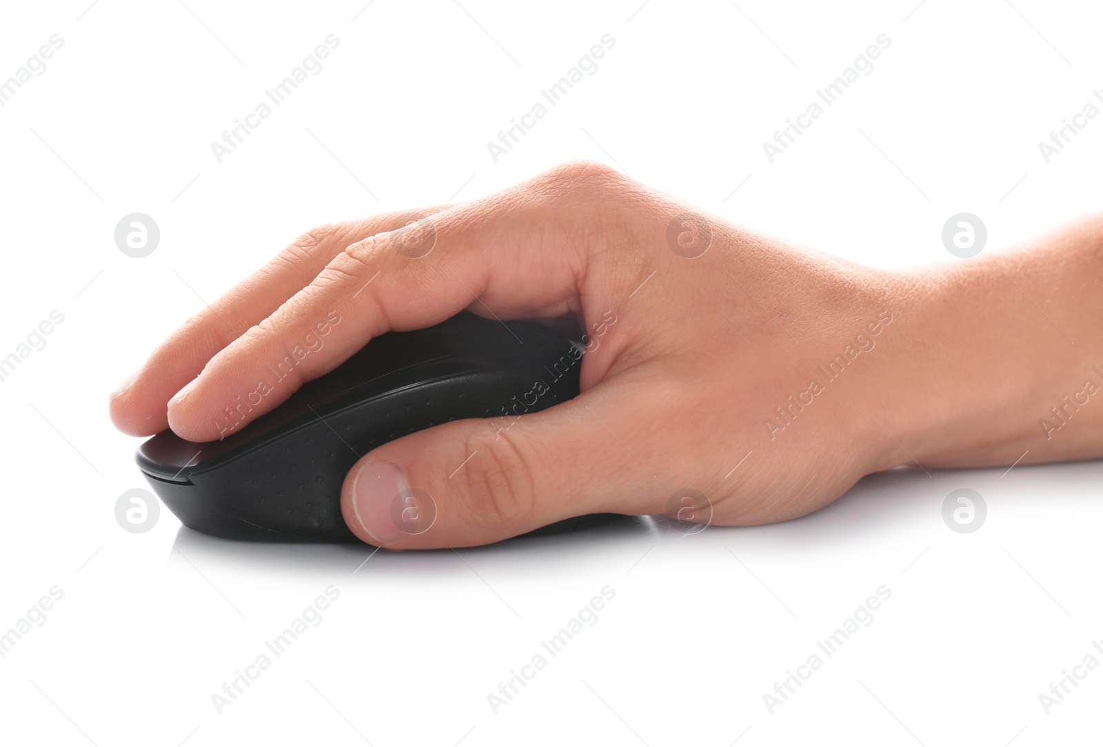 Photo of Man using computer mouse on white background, closeup of hand