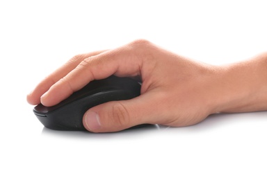 Photo of Man using computer mouse on white background, closeup of hand