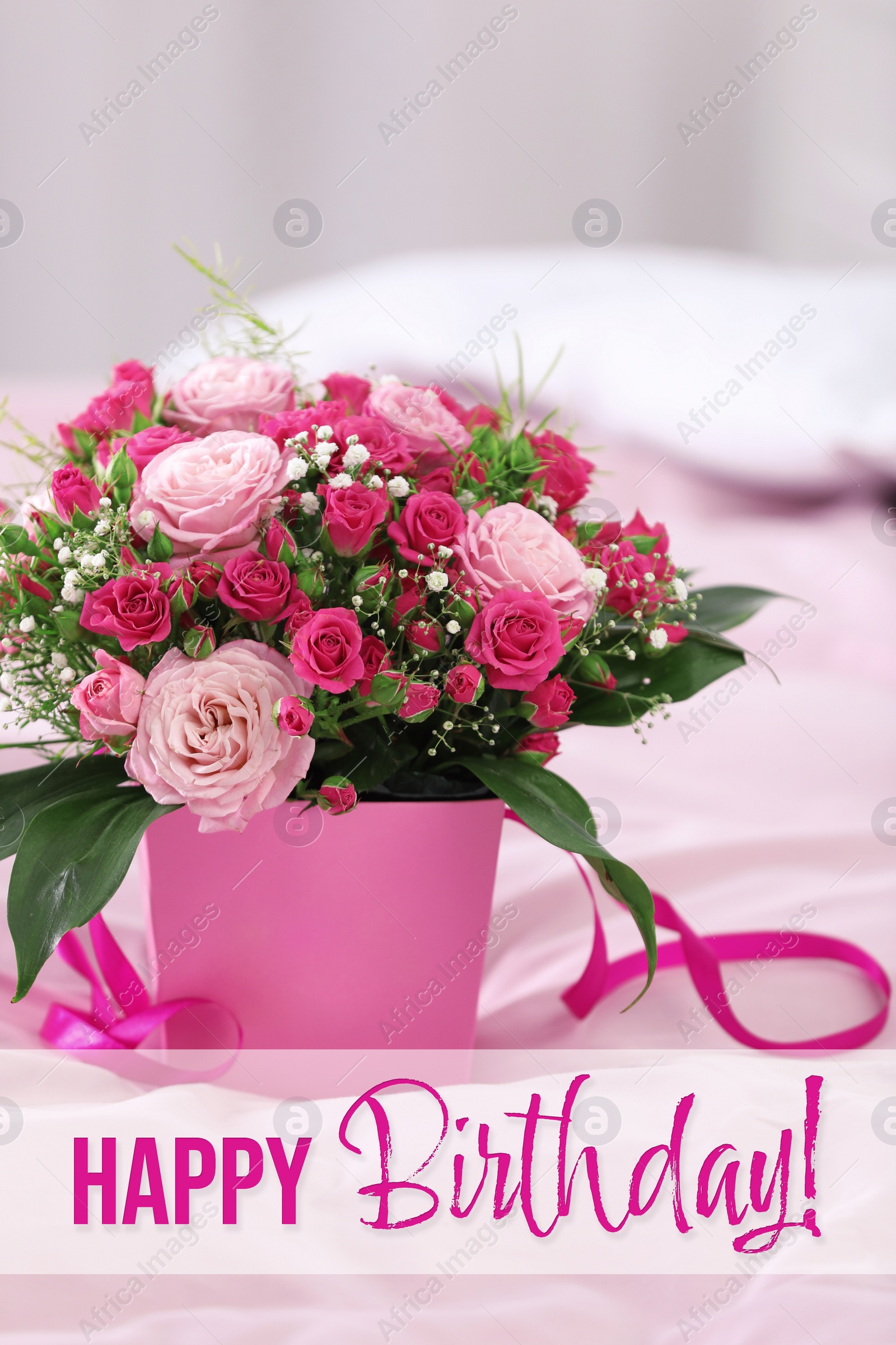 Image of Happy Birthday! Beautiful bouquet of flowers in paper gift box