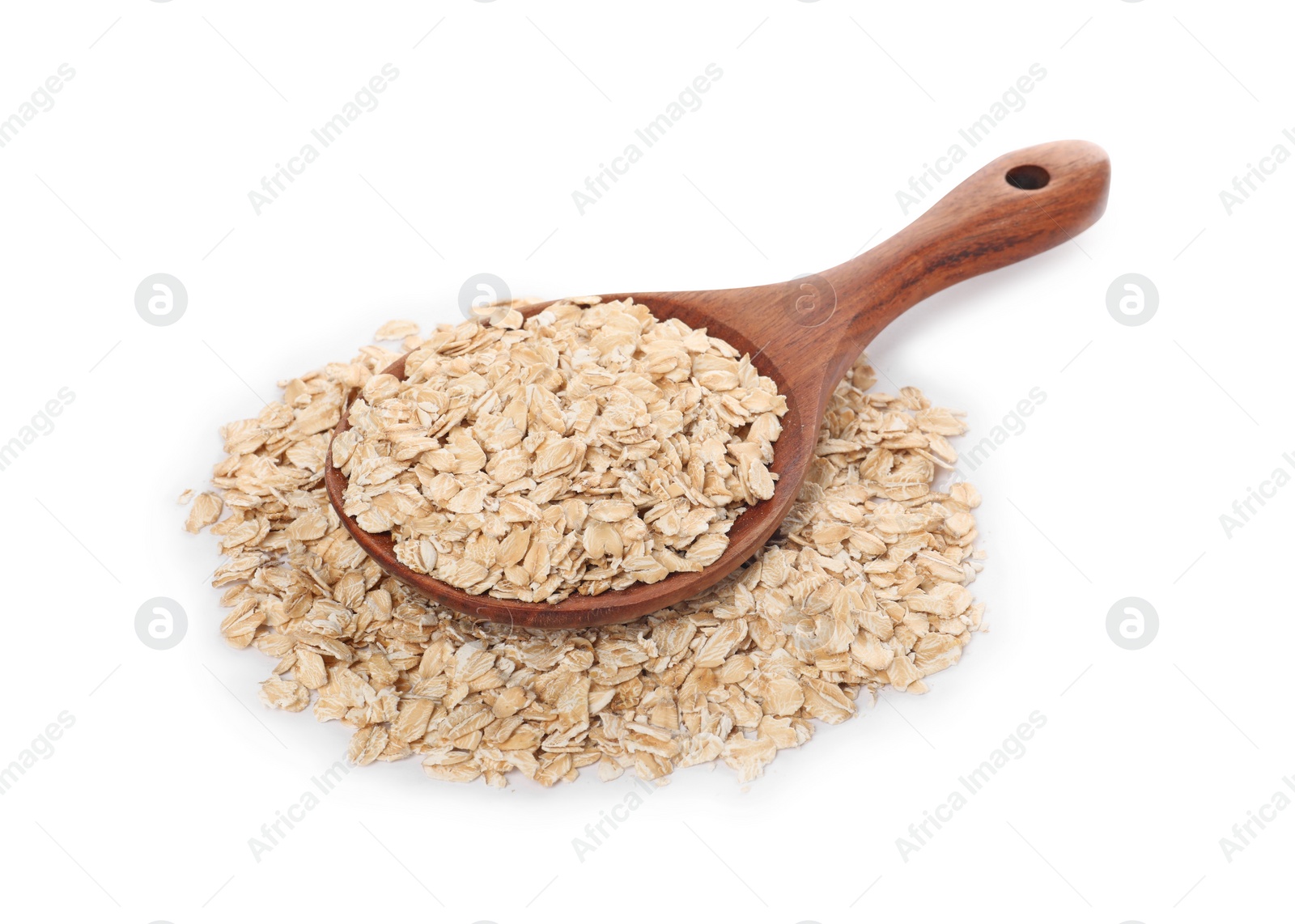 Photo of Wooden spoon with oatmeal isolated on white