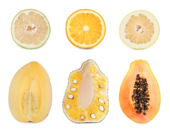 Image of Set with different tasty exotic fruits on white background