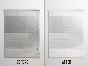 Window with closed blinds before and after cleaning