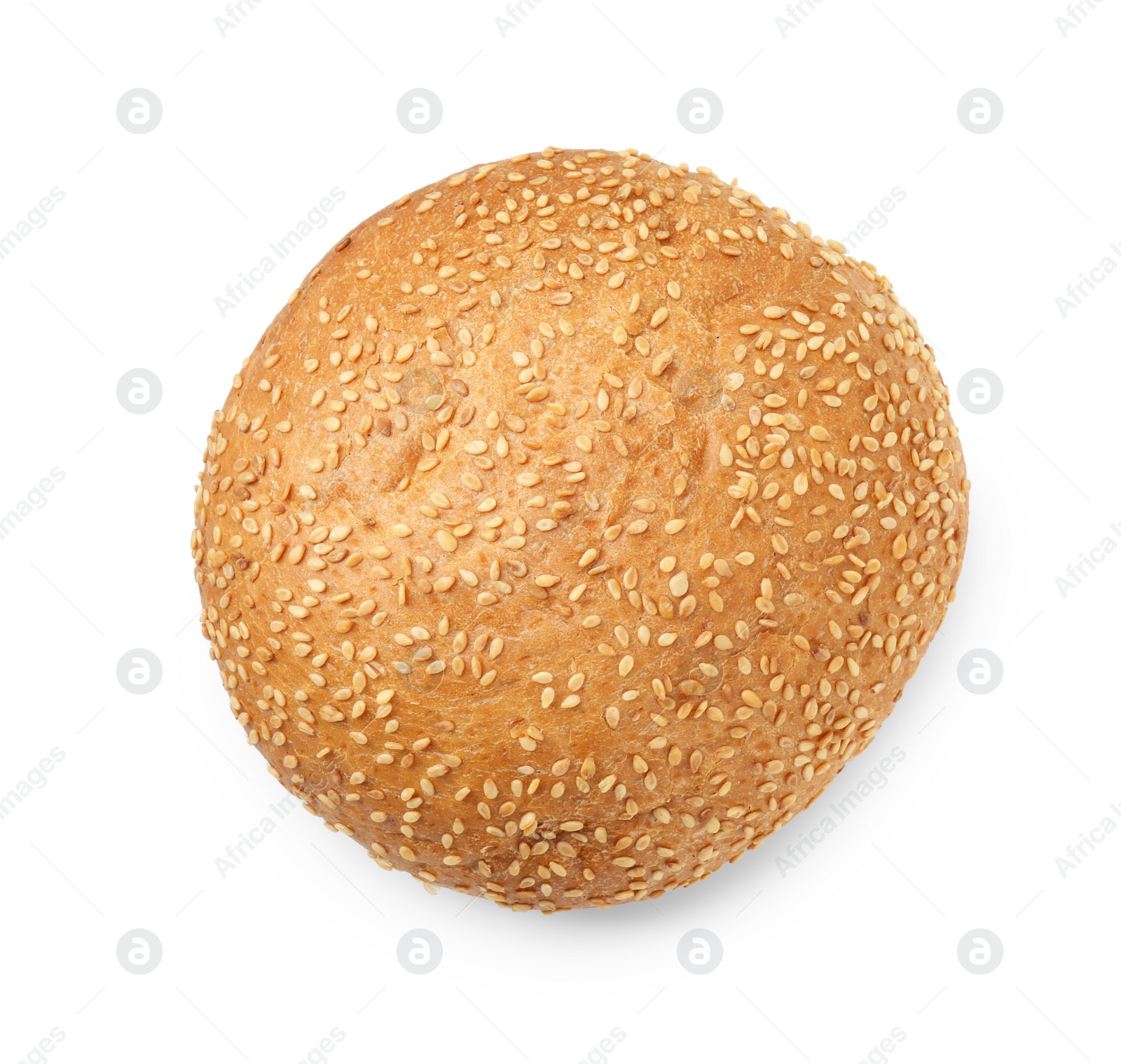 Photo of One fresh hamburger bun with sesame seeds isolated on white, top view