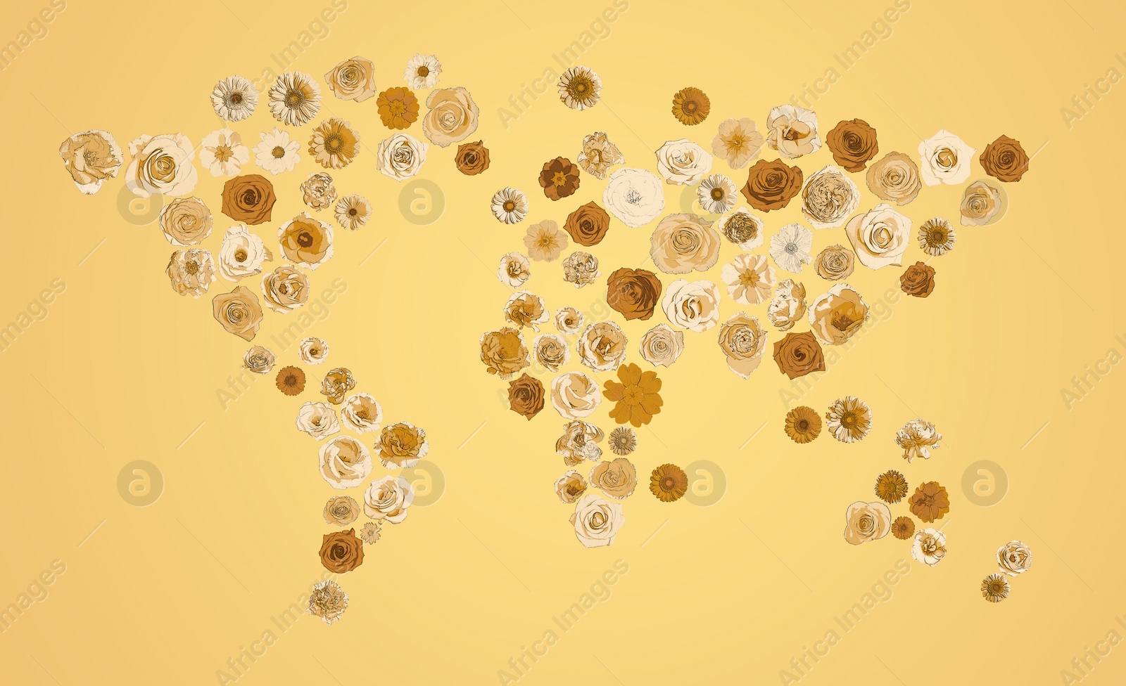 Image of World map made of beautiful flowers on pale orange background, banner design